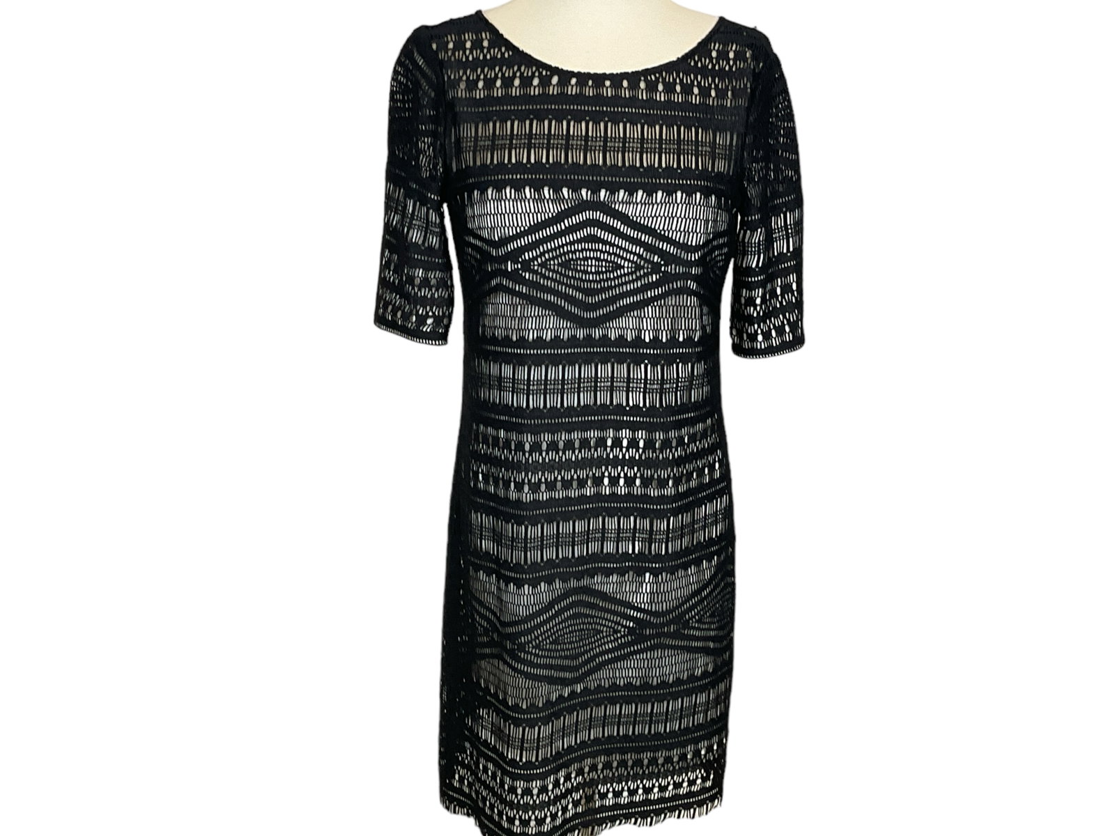 Black Lace Dress: Black Lace Dress Black short sleeve lace dress with tan undertone by muse. Knee length dress with fringed bottom. Size 2, made in China. Perfect for a black tie event.
