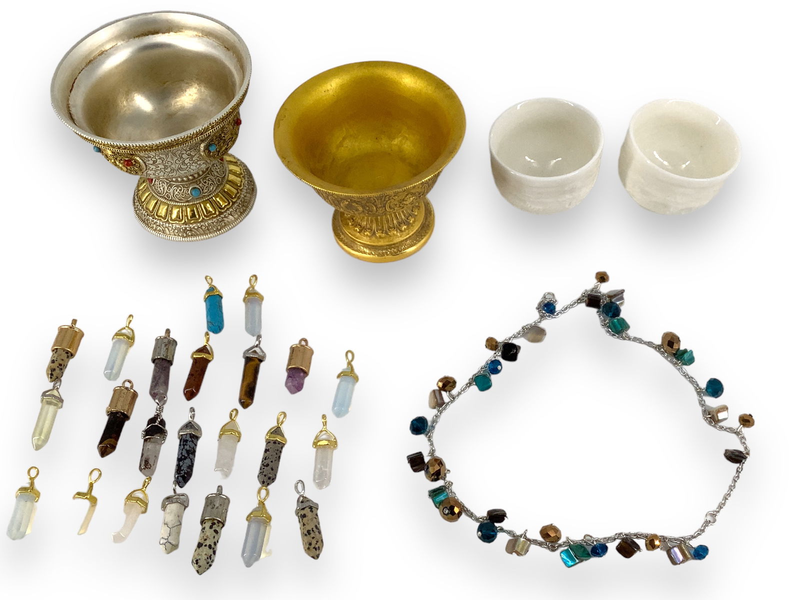 Asian-Themed Glass Egg Cups, Metal Pedestal Bowls, Multiple Pendants and Fashion Crystal Necklace: Asian-Themed Glass Egg Cups, Metal Pedestal Bowls, Multiple Pendants and Fashion Crystal NecklaceLot has two glass egg cups with an Asian theme, exterior has a matte finish, interior has a gloss finis
