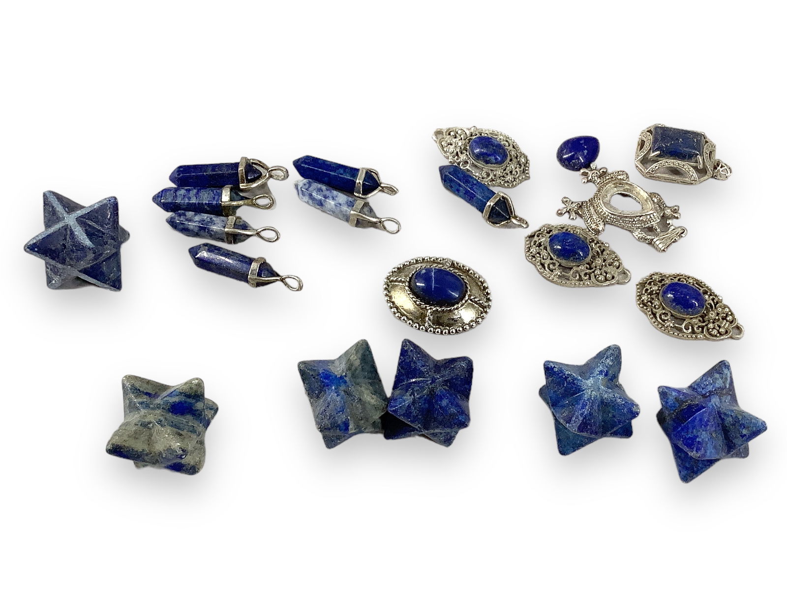 Glass Vase and Lapis-Type Jewelry, Stone Bangles: Glass Vase and Lapis-Type Jewelry, Stone BanglesDark green glass vase is 9" tall and has a faux crackle finish. Multiple ornaments and pieces of jewelry are in silver-tone metal and resemble lapis laz