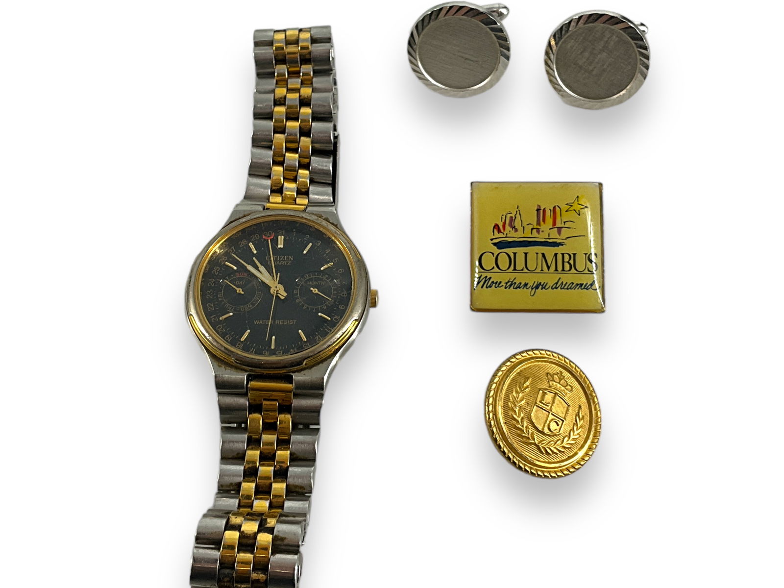 Citizen Wrist Watch & Men's Accessories: Citizen Wrist Watch & Men's AccessoriesCitizen quartz wrist watch with black dial ft. two subdials (scratched crystal - unknown working condition). Pair of silver tone metal cuff links from Swank, LC