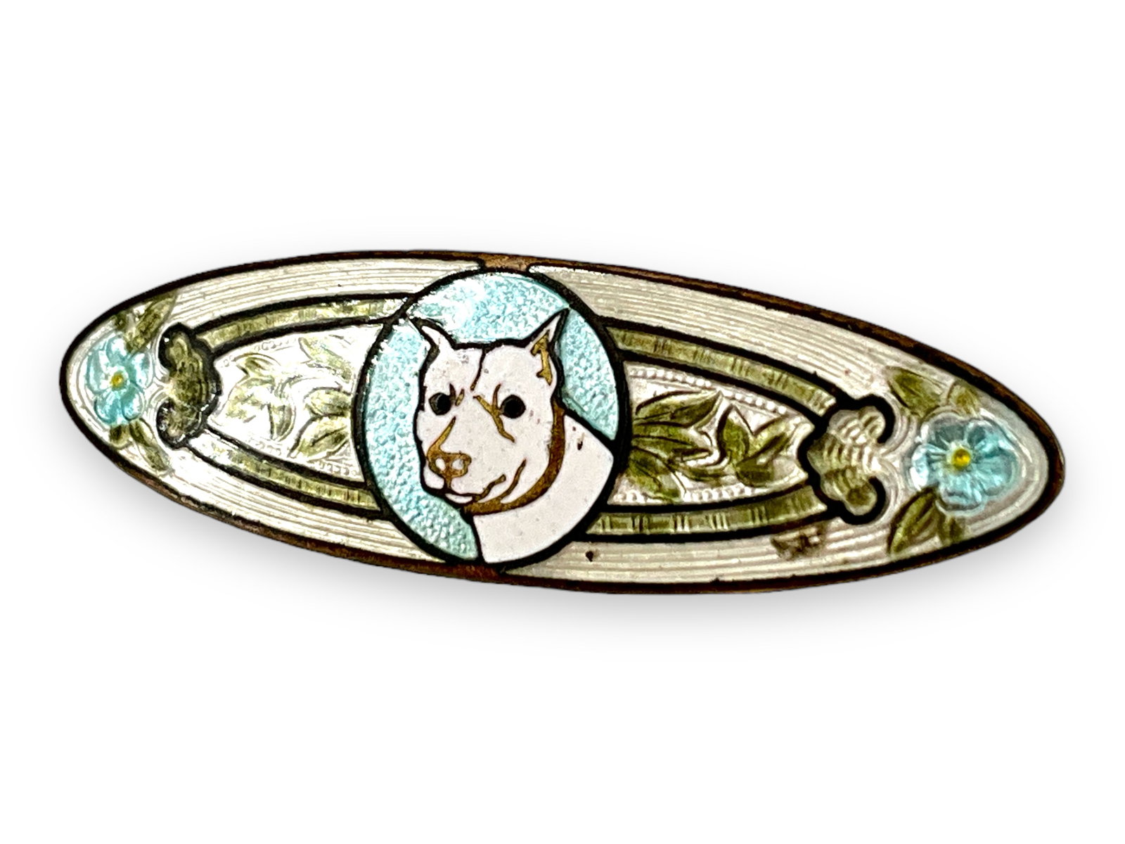 Delightful Enameled Pin: Delightful Enameled Pin Unlike any other enameled pin to come across my desk, oval shaped measuring approx. (0.52" x 1.82") with a white pit bull in the center surrounded by a baby blue circle with fl