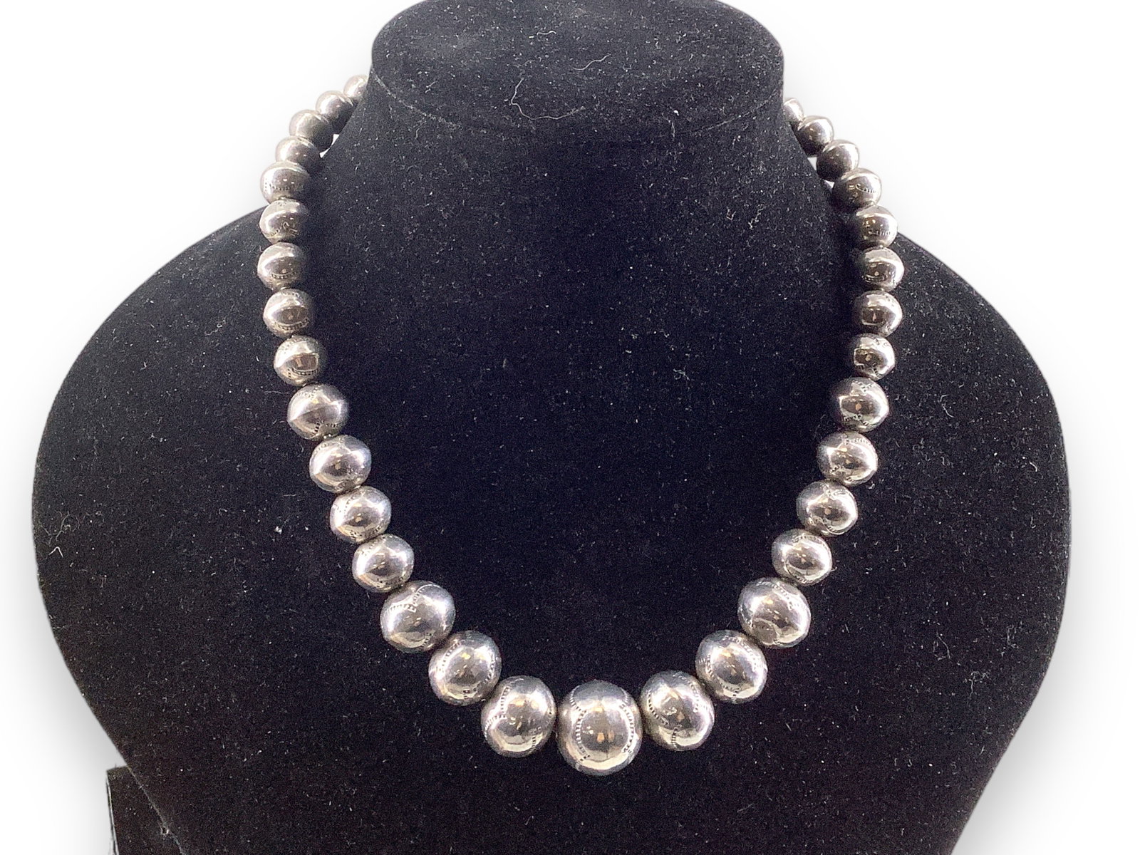 Hand-Made Southwestern Sterling Silver Necklace: Hand-Made Southwestern Sterling Silver Necklace Tested sterling silver/925, 0.97 troy ounces total weight, 16" choker length, s-hook clasp closure, with graduated size beads measuring between 8.0