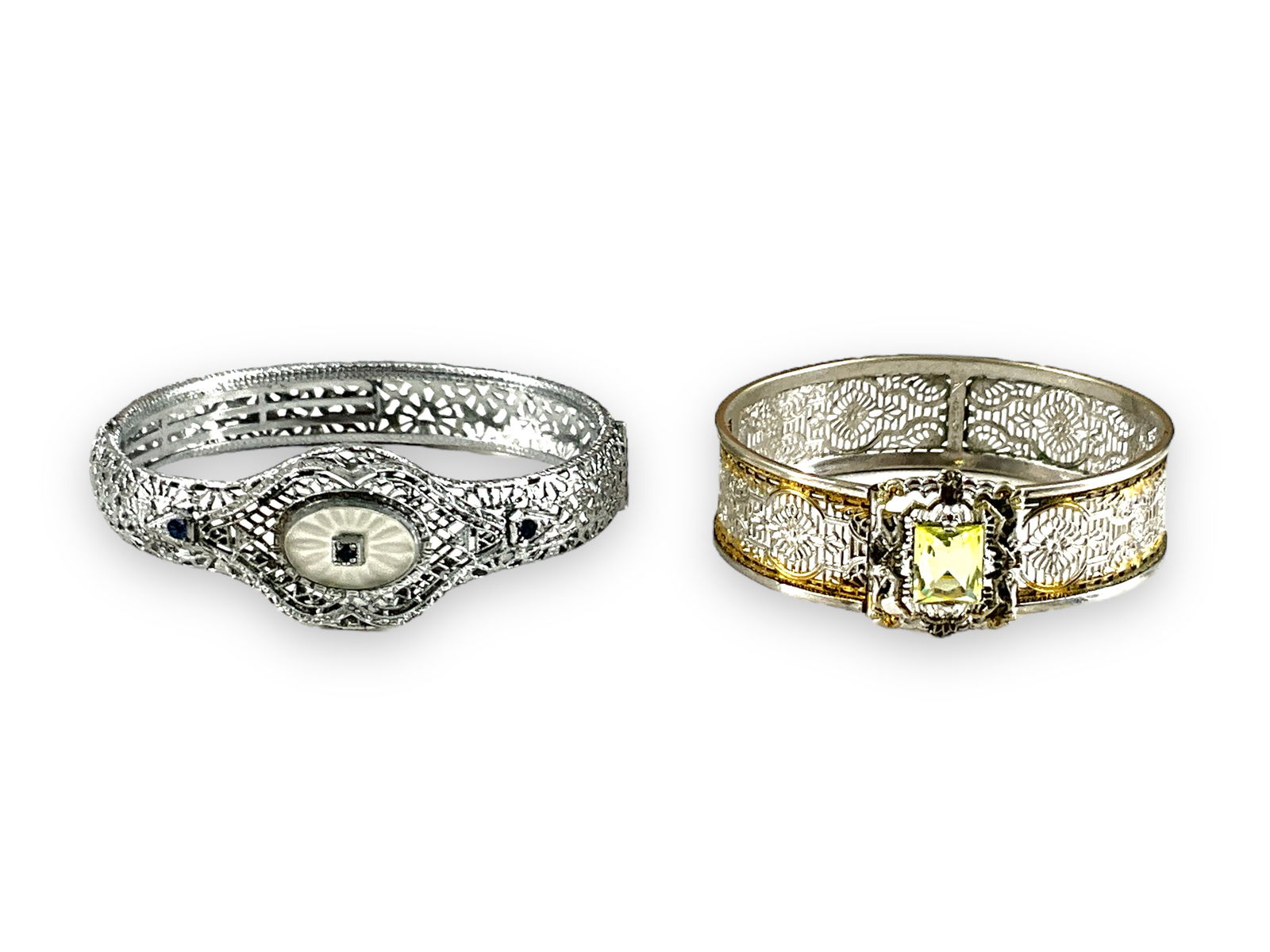 Two Vintage Filigree Bracelets, One w/Camphor Glass (1 of 4)