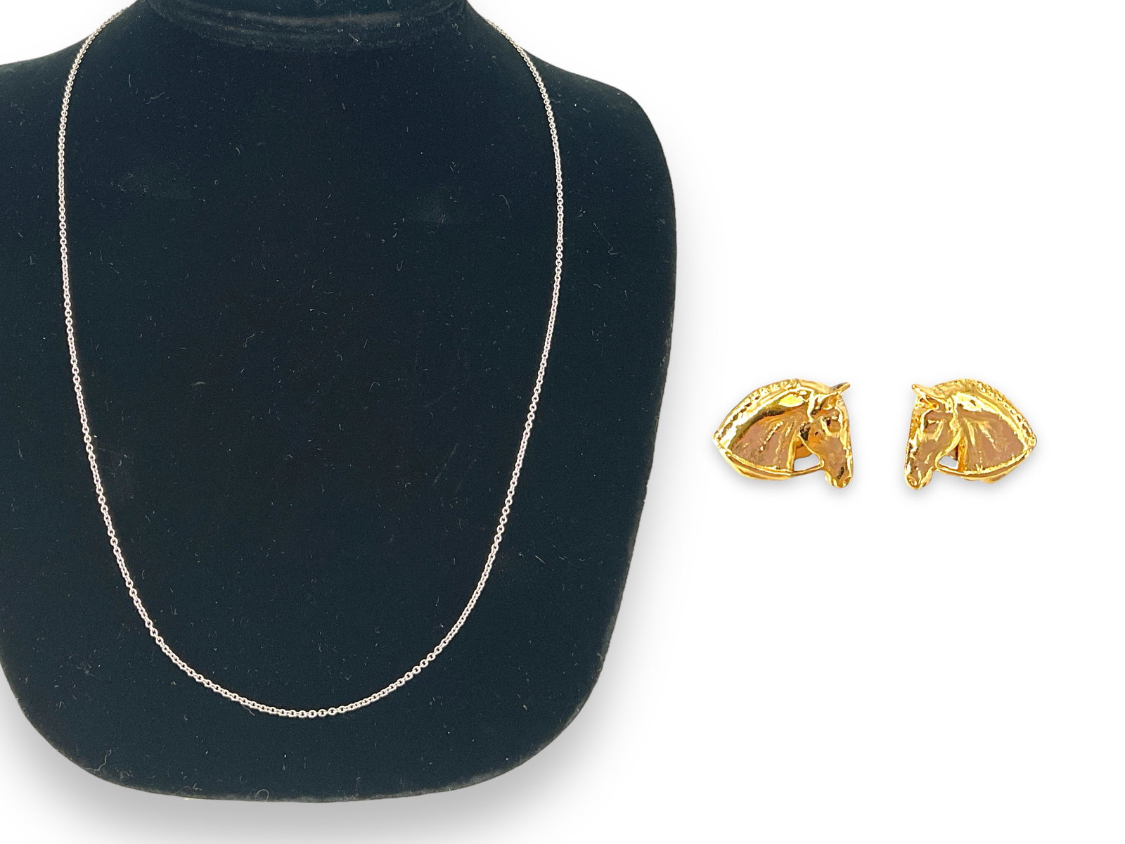 14K White Gold Chain & Tiny, Gold Over Silver, Earrings: 14K White Gold Chain & Tiny, Gold Over Silver, Earrings Tested 14K chain is in white gold, is approx 22" long and weighs 3.54 grams. There is also a pair of tiny horse head stud earrings which test si