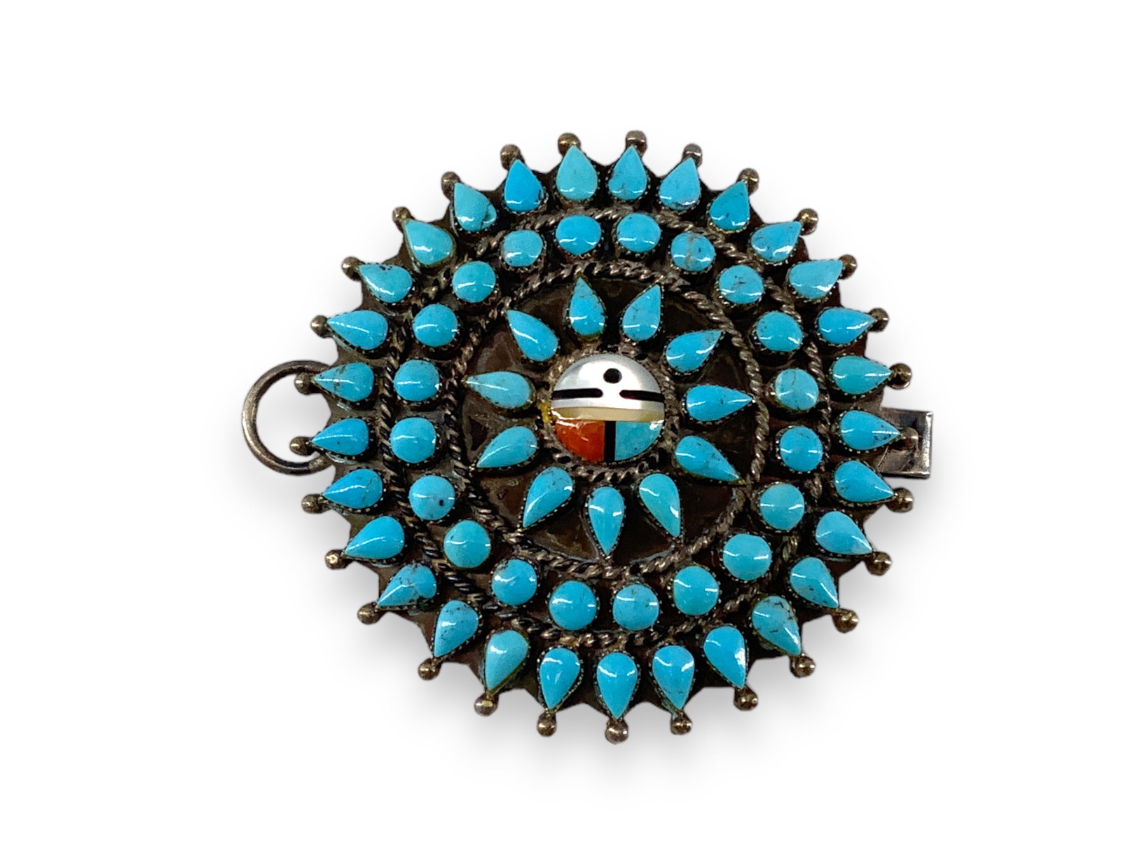 Southwestern Belt Buckle: Southwestern Belt Buckle Signed E. Jeni V.G. Stamped and tested sterling silver/925, 1.025 troy ounces total weight, 61.0mm in diameter, set with cluster of round and pear shaped turquoise stone caboc