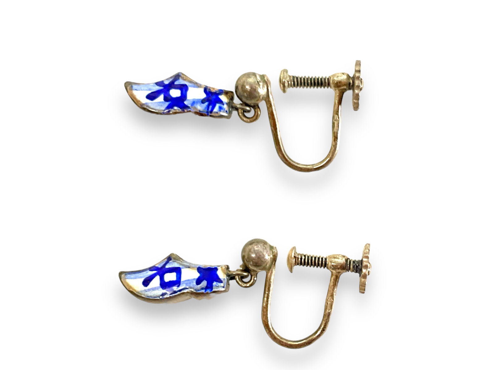 Sterling Silver Dangle Earrings: Sterling Silver Dangle Earrings Screw-back closures, shoes motif with white and blue enameling (Holland style), some wear, 3.1 grams total weight, hang at around 20.0mm in total length.