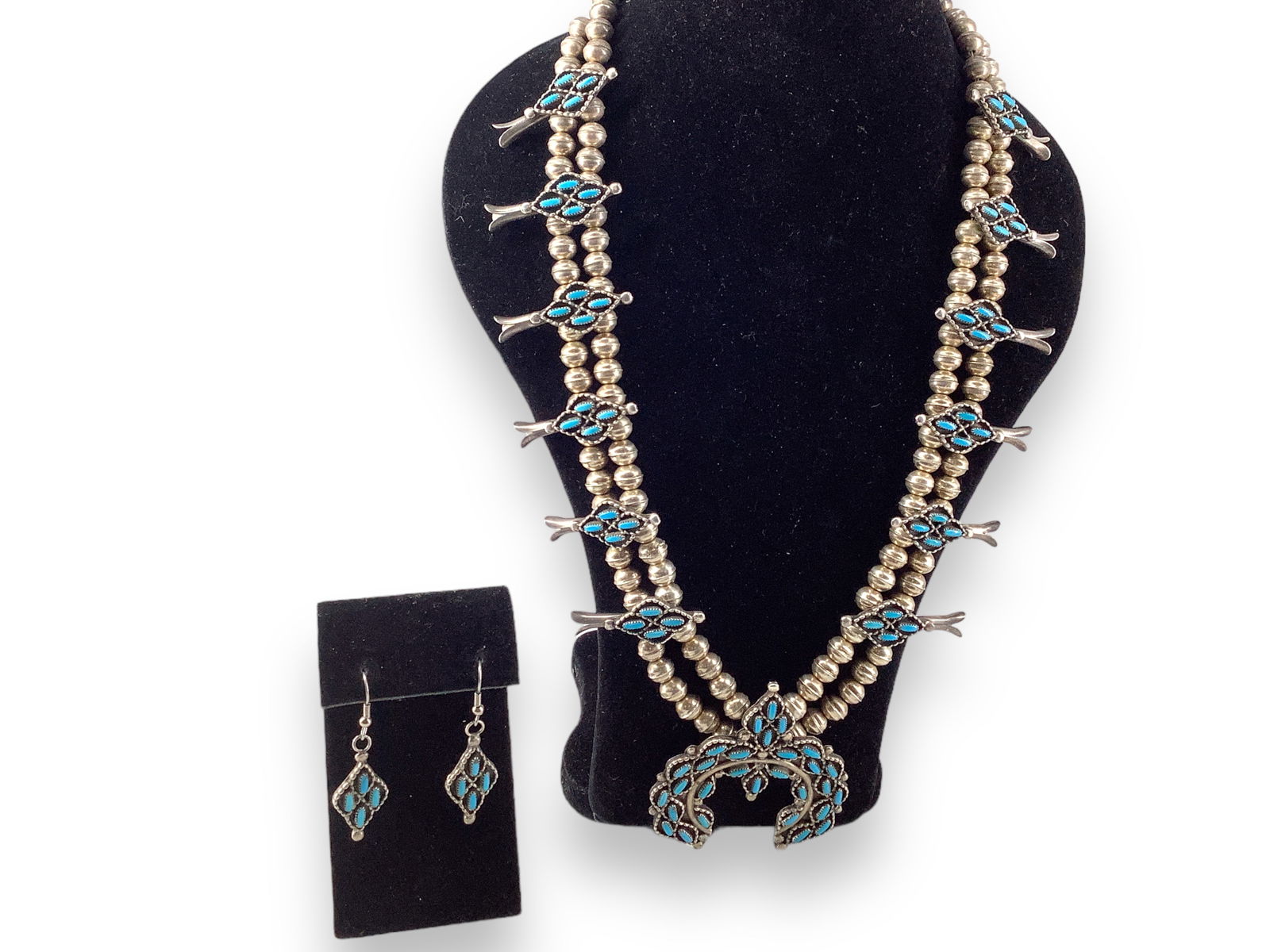 Stellar 1970's Zuni Petit Point Turquoise and Sterling Silver Squash Blossom Necklace + Matched (1 of 6)