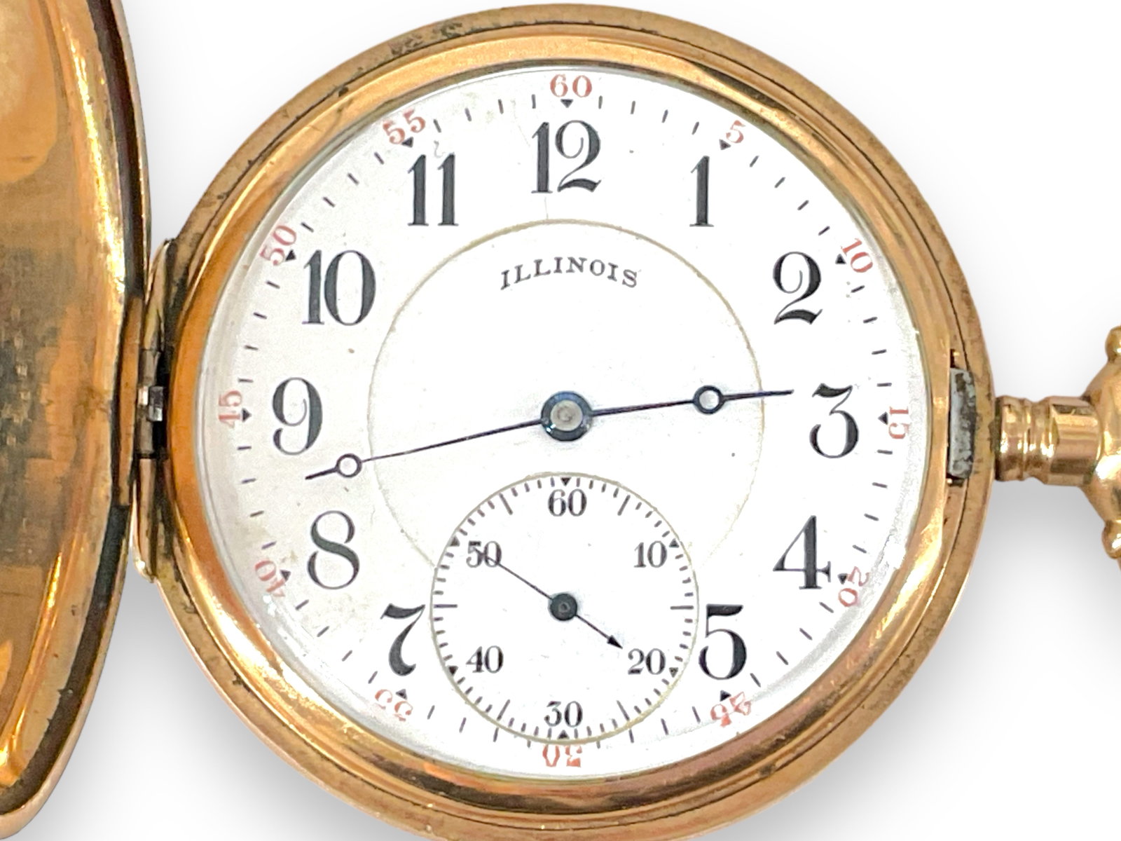 Illinois Pocket Watch with Gold-Filled Case: Illinois Pocket Watch with Gold-Filled Case Winds, sets and runs at time of listing. Movement numbered 3266781, grade 606, model 7, circa 1917, size 16s, 21 jewels, hunting movement configuration, nic
