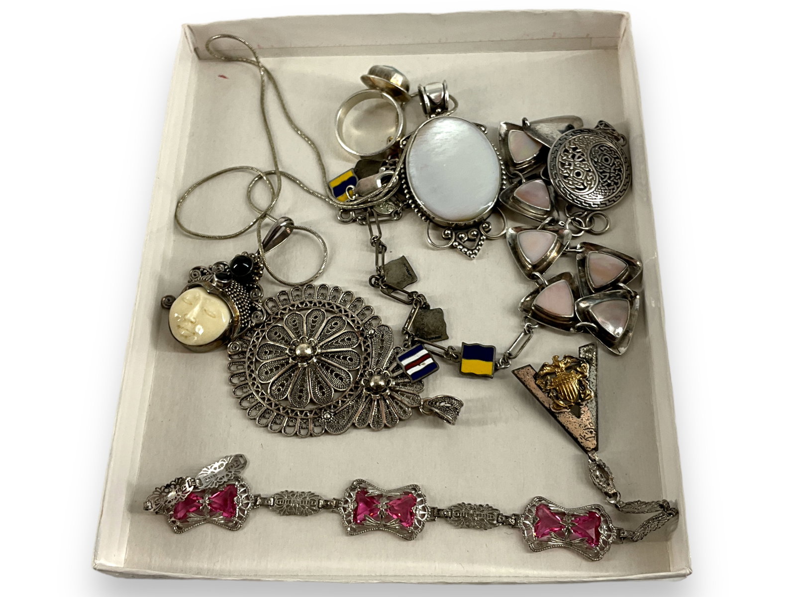 Sterling Silver Accessories: Sterling Silver Accessories Stamped and/or tested sterling silver/925, 2.995 troy ounces total weight. Includes: mother of pearl pendant, mother of pearl bracelet, sterling and 14kt gold military pin,