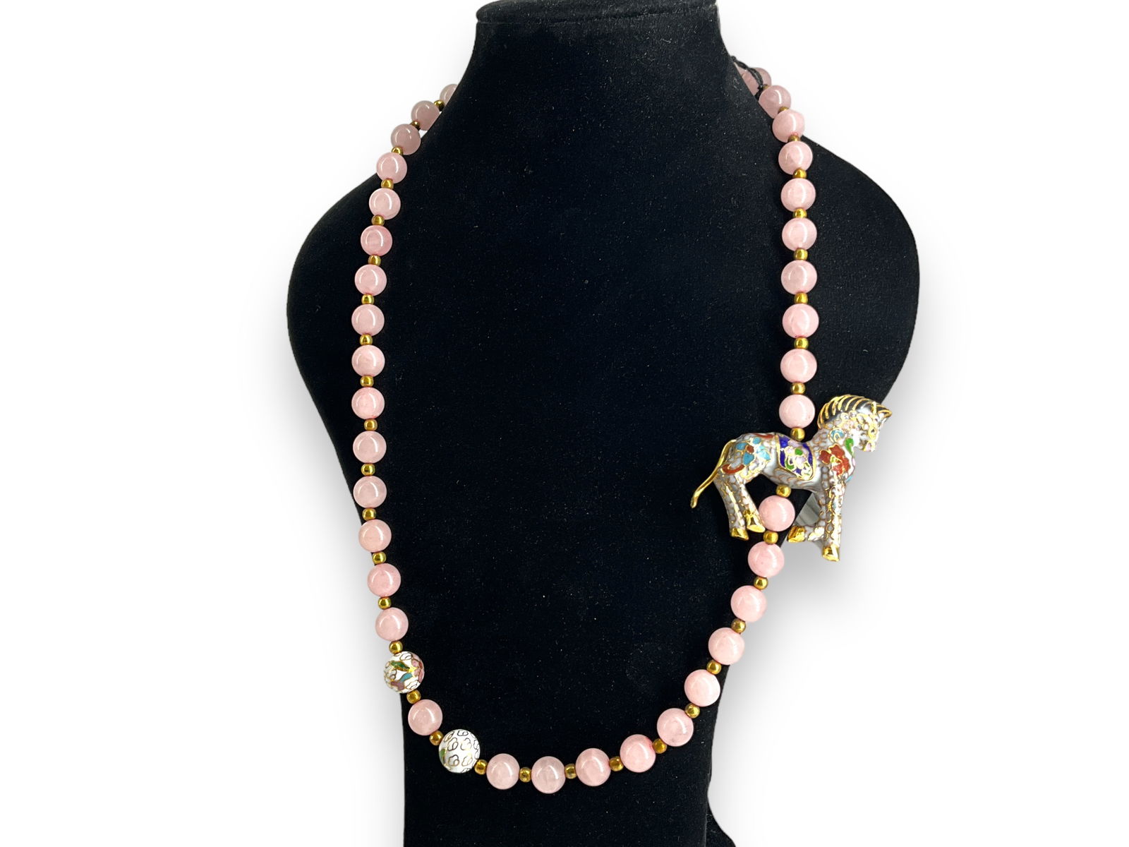 Rose Quartz Bead Necklace with Carousel Cloisonne Horse Pendant (1 of 8)