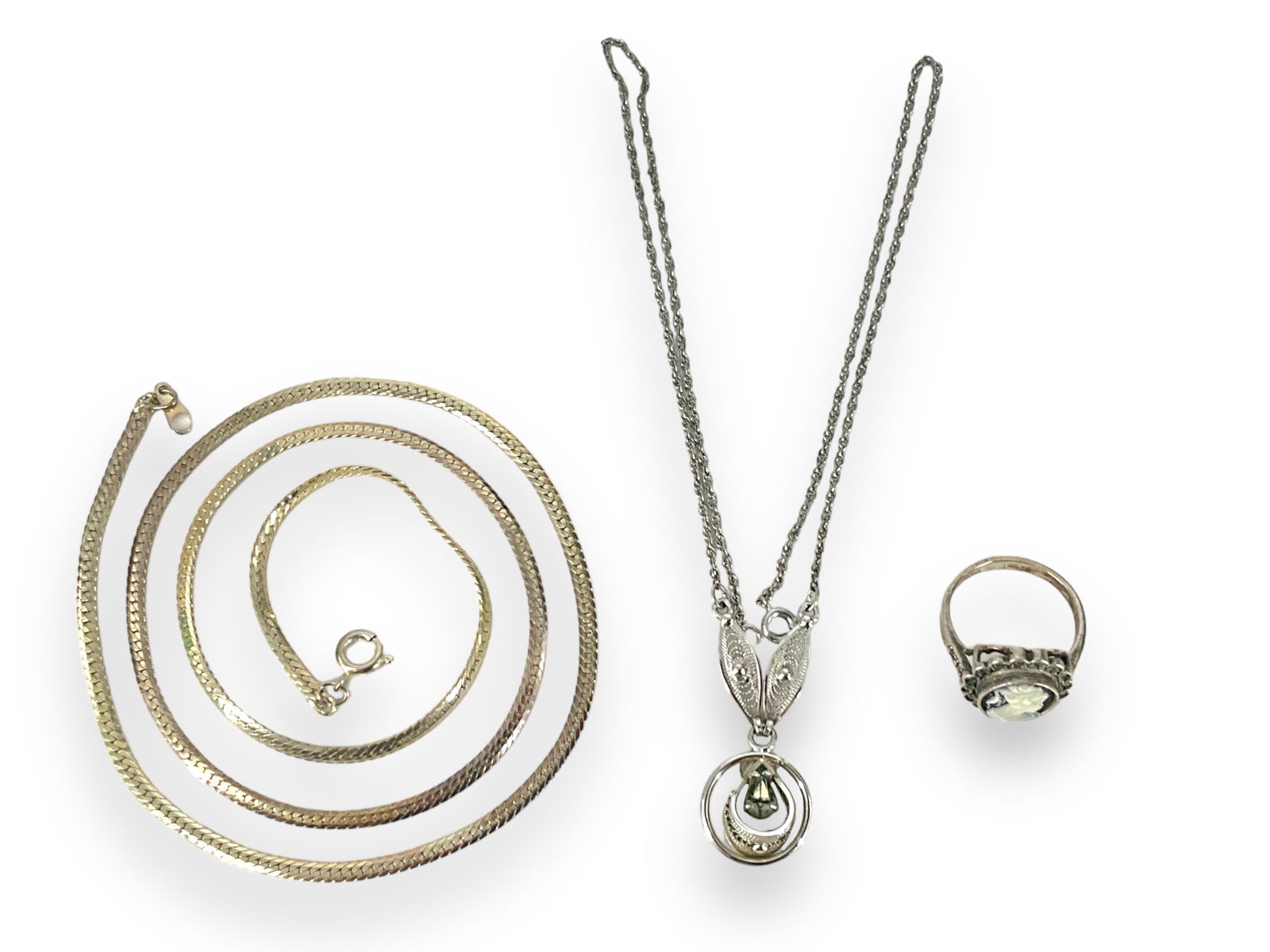 Silver-Tone Herringbone Chain, Silver Filigree Necklace and Silver Cameo Ring (1 of 7)