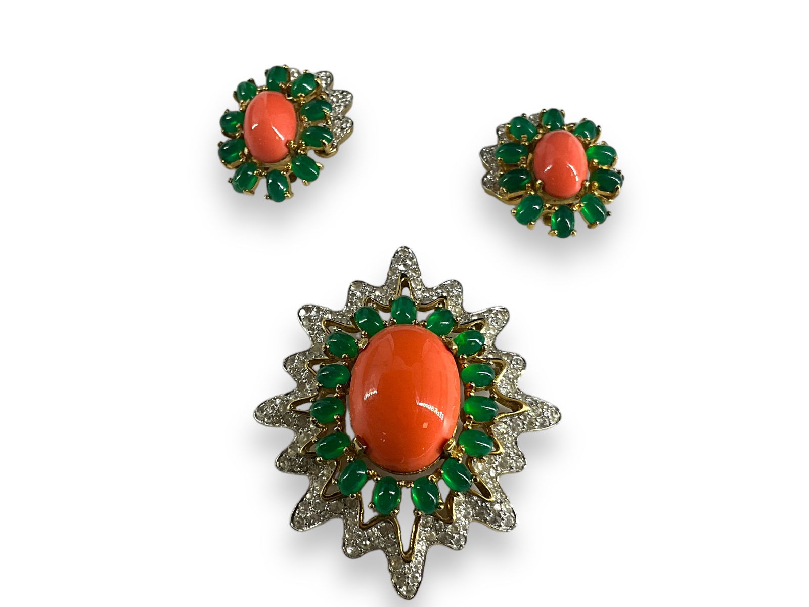 Signed "Jomaz" Colorful Brooch and Earrings, Gold-Tone Necklace: Signed "Jomaz" Colorful Brooch and Earrings, Gold-Tone NecklaceHallmarked "Jomaz" brooch and clip-back earrings in bright orange and green colors with diamantÈ accents, brooch is approx 2 1/2" tall a