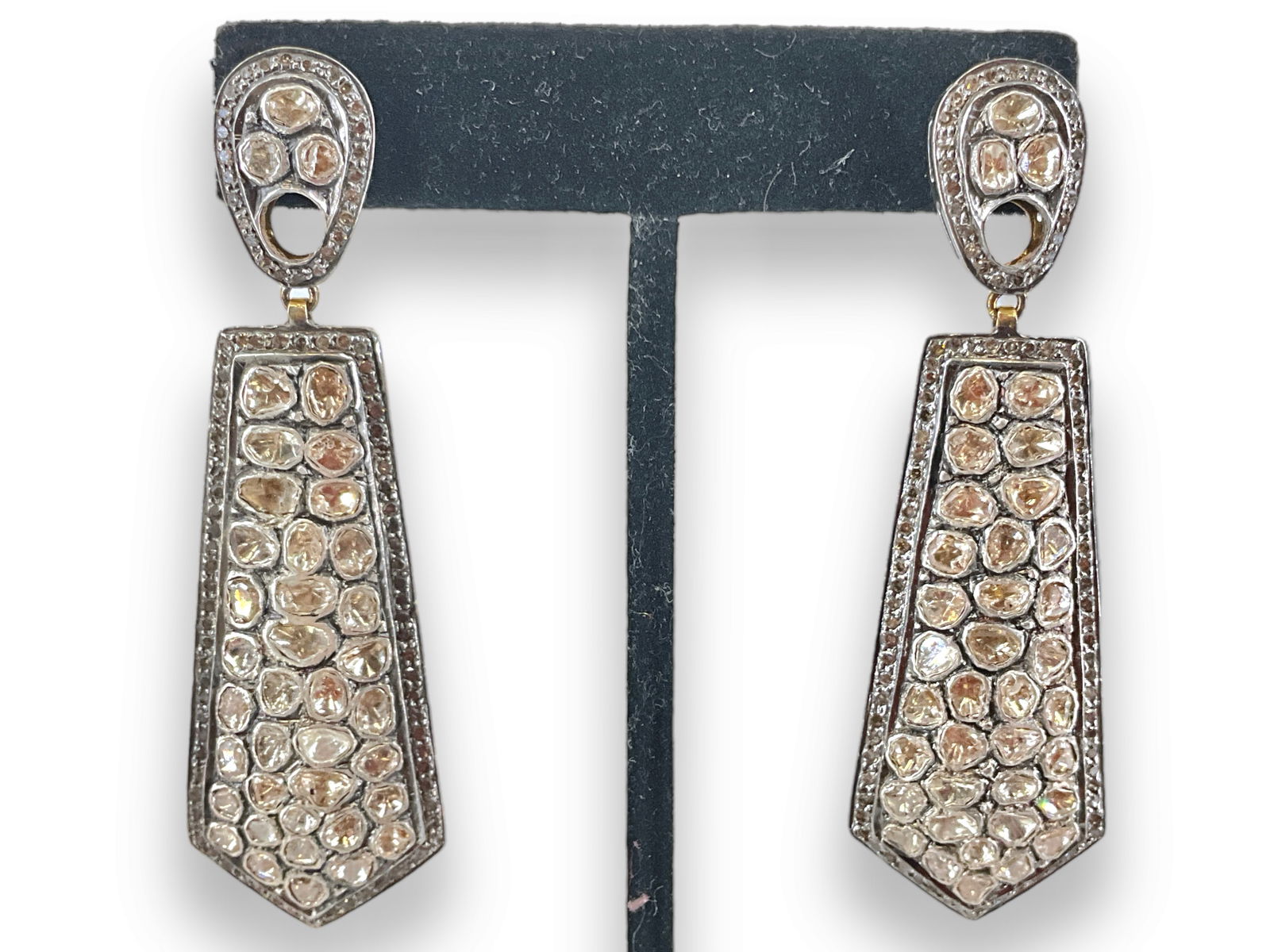 Delightful Diamond Drop Earrings - Kite Shape, Mughal Antique Polki Style: Delightful Diamond Drop Earrings - Kite Shape, Mughal Antique Polki StylePost back earrings measuring (2.75") in length with 14kt yellow gold posts and sterling silver body dazzling with (4.16cts of u