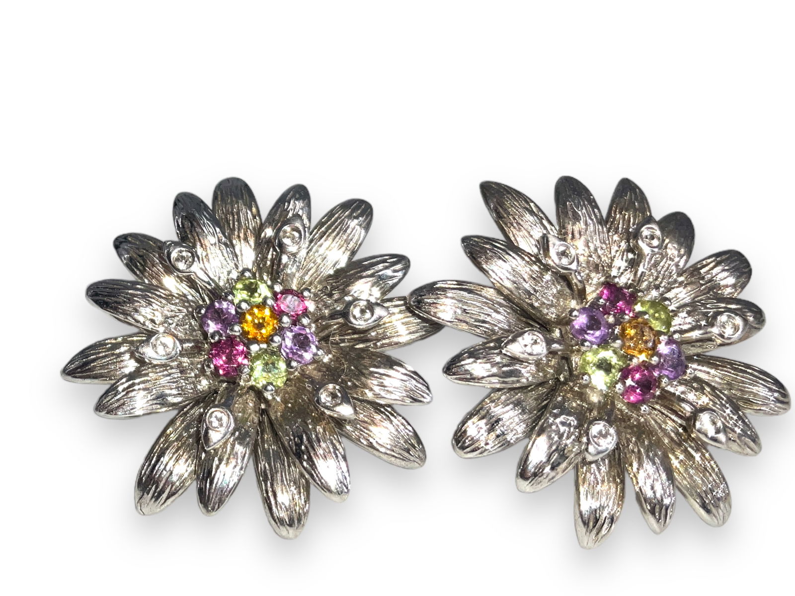 Sterling Silver and Semi-Precious Stone Flower Earrings: Sterling Silver and Semi-Precious Stone Flower Earrings0.29 troy ounces total weight, 25.0mm in width, floral motif, set with small semi-precious stone rounds in a cluster at the center of each. Set w