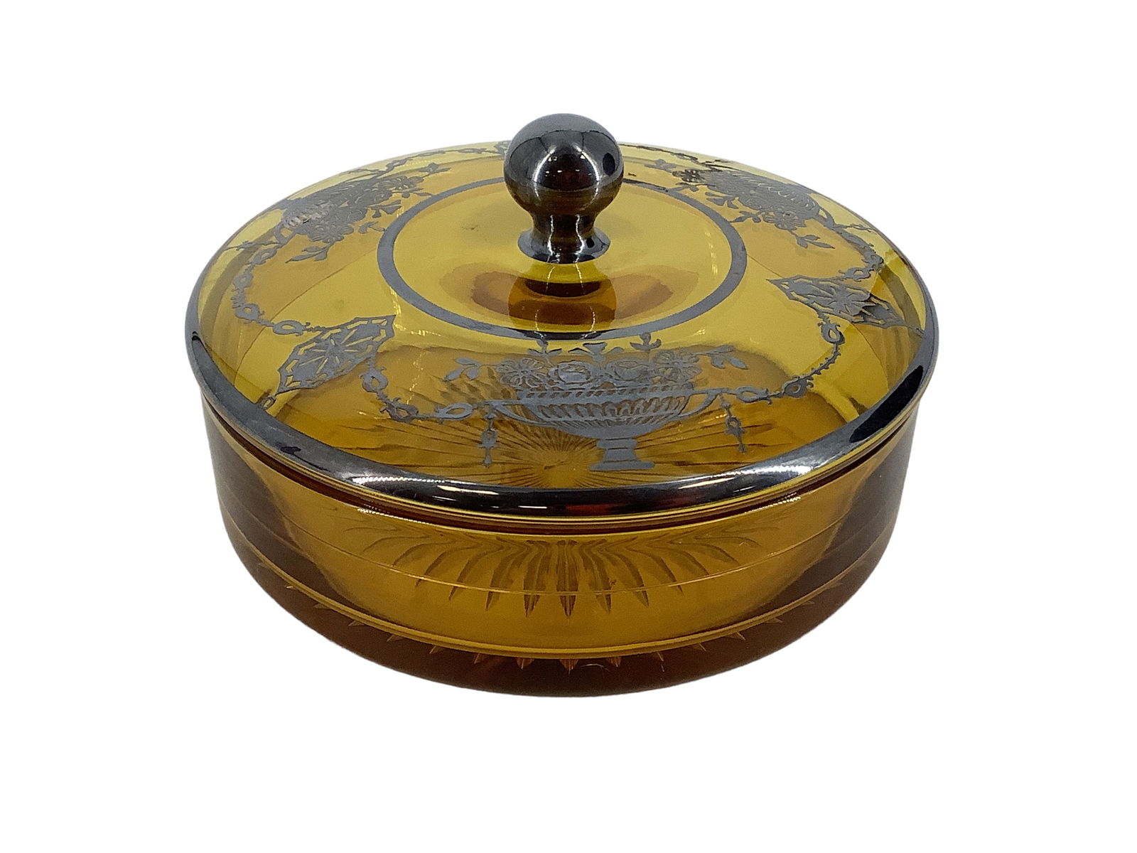 Heisey #1184 Yeoman 6" Covered Candy, Amber with Silver Floral Decoration on Lid: Heisey #1184 Yeoman 6" Covered Candy, Amber with Silver Floral Decoration on Lid