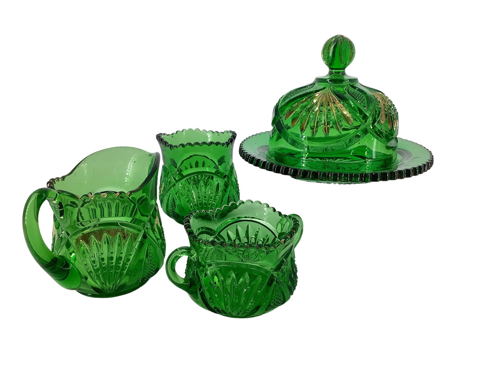 Heisey #1255 Pineapple and Fan Emerald Table Set Covered Butter, Creamer, Sugar and Spooner (1 of 1)
