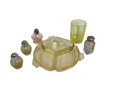 Box Lot of (5) Items to Include Heisey and Mosser Vaseline Tumbler