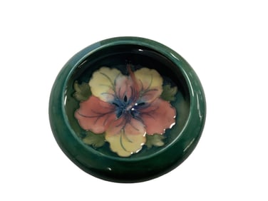 Vintage Moorcraft Pottery Small Flat Bowl with Hibiscus Design 4.5" diameter x 1.5" tall