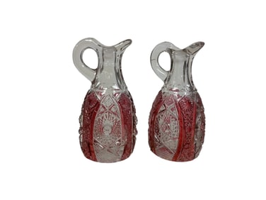 Two Imperial Glass Clear Ruby Stain Flash Daisy & Button 6"Cruet