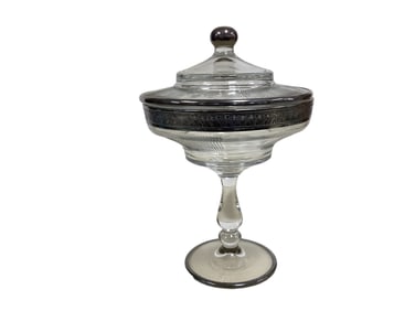 Heisey #1170 Pleat and Panel 6" Footed Compote with silver Rim and Flower and Leaves Cutting