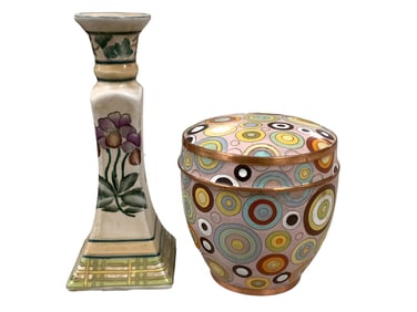 Fabienne Jouvin Box and a Floral Candlestick Approximately 5" x 5.25" and 8.75" x 3.5".