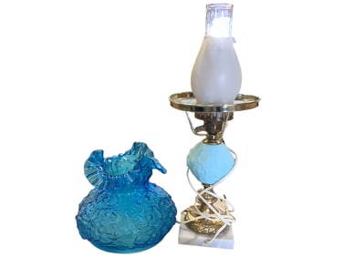 Fenton Lamp with Blue Glass Shade