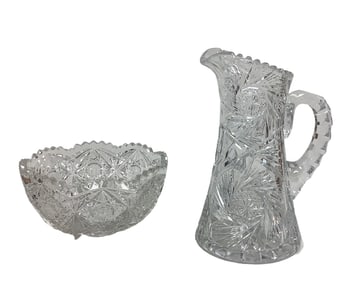 Vintage Clear Cut Glass Fruit Bowl and Pitcher