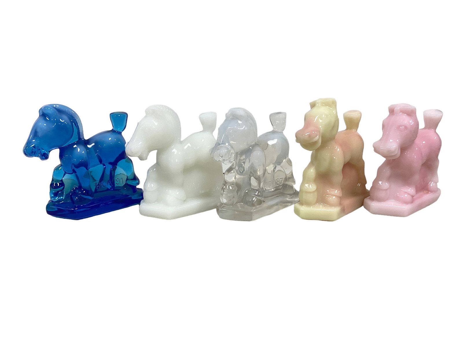 Heisey/Fenton Lot of (5) HCA Sparkys: Heisey/Fenton Lot of (5) HCA Sparkys 87 opalescent 88 opal (milk glass), 90 rosalene, 91 blue opalescent, 92 Burmese,