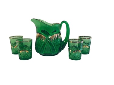 Heisey #1255 Pineapple and Fan Emerald 1/2 Gallon Pitcher and (4) Tumblers