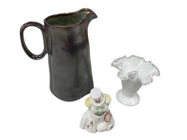 Fenton International Pitcher made in China, (2) Fenton Products Silver Crest Vase, and a Hand