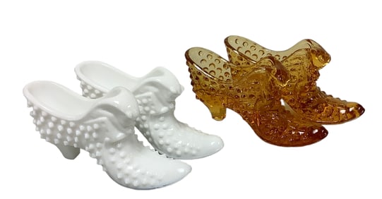 Two Pairs of Fenton Hobnail Glass Slippers in Cat Head Design