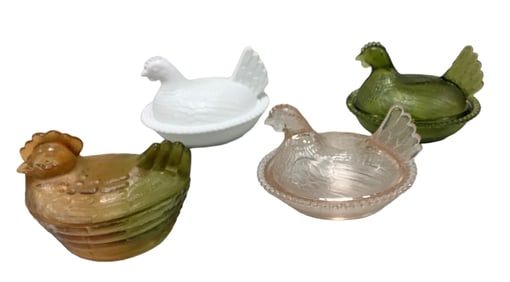 Flock of 4 Hen on Nest Covered Glass Candy Dishes