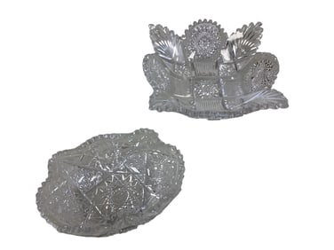 (2) American Brilliant Period (ABP) Square Diamond Cut Crystal Bowl Oval bowl is 4" T and 9" x 5.5"