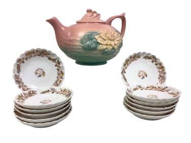 Yellow Waterlily Teapot by Hull Pottery and Haviland Limoges Berry Dishes