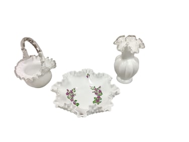 (2) Pieces of Silver Crest and (1) Violets in the Snow Hobnail Fluted Bowl