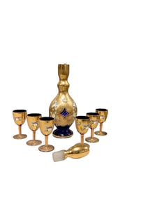 Blue & Gold Bohemian Glass Decanter with 6 Cordials Decanter: 9 1/2 in. (24.1 cm.), Cordials: 3 1/2