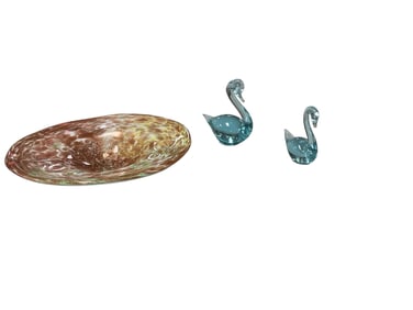 Art Deco Glass Dish and (2) Aqua Swans