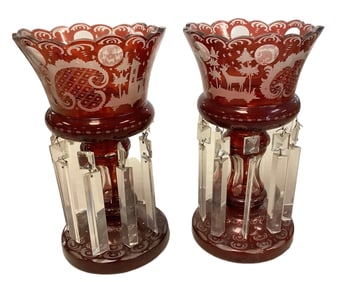 Pair of Antique Etched Mantle Lusters in Ruby Red