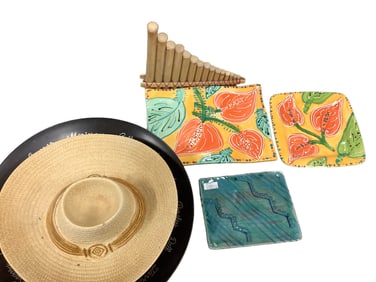 Colorful Decor - Pottery and Wood Couroc bowl is approximately 15.25". Hat 13".