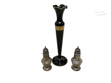 Black Vase and Sterling Salt and Pepper Shakers