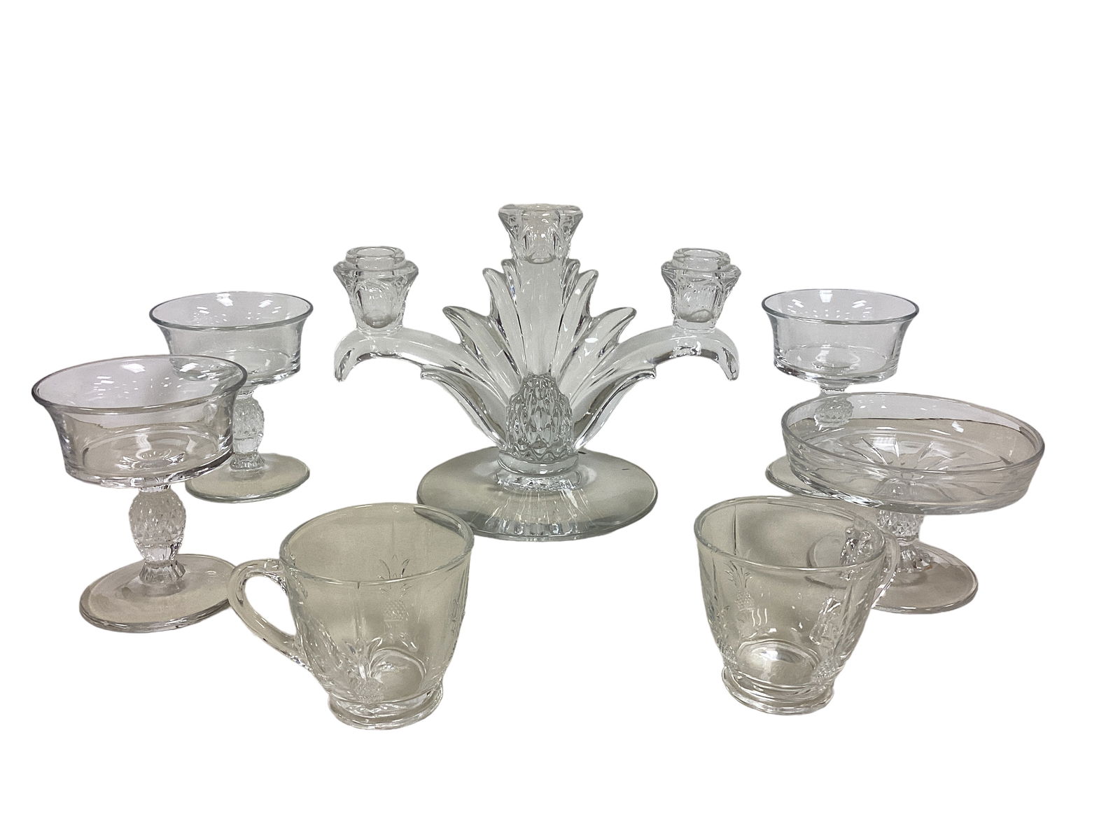 Heisey Lot of (7) Plantation Items: Heisey Lot of (7) Plantation Items#1567 Planation (3) Light Candlesticks#1567 5" Footed Cheese H#1567 (3) Plantation Champagne, H#1567 (2) Plantation Punch Cups H
