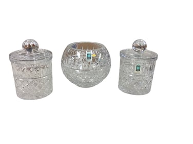 Avitra Hand Cut Lead Crystal Bowl and Pair of Biscuit Jars