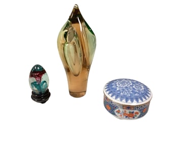 Unique 3-Holed Blown Glass Vase, Tiffany & Co. Trinket Bowl and Blown Mt. St. Helen's Ash Glass Egg