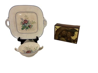 (2) Spode's Mansard Dishes, Wood Music Box Hummel-Like Umbrella