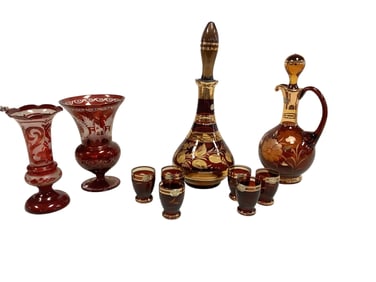 Bohemia Crystal Decanter and Shot Glasses, with Cruet and Hand Cut to Clear Cranberry Glass Vase