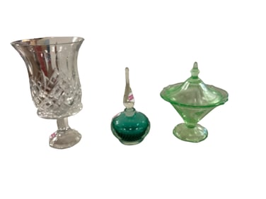 Perfume Bottle, Candle Holder, and Green Depression Glass Candy Dish