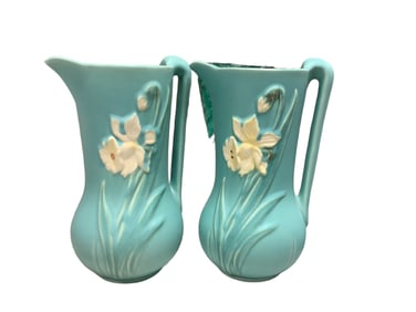 Pair of Vintage Weller Pottery Daffodil Pitcher Vases 10 1/4 in. (26 cm.)