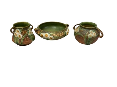 (3) Roseville Handled Vases, Jonquil Pattern