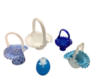(5) Art Glass Pieces Including (4) Crimped Rim Handled Baskets