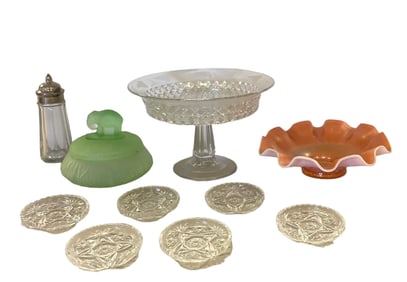Variety of Glassware Including a Cake Stand and Marigold Carnival Glass Bowl